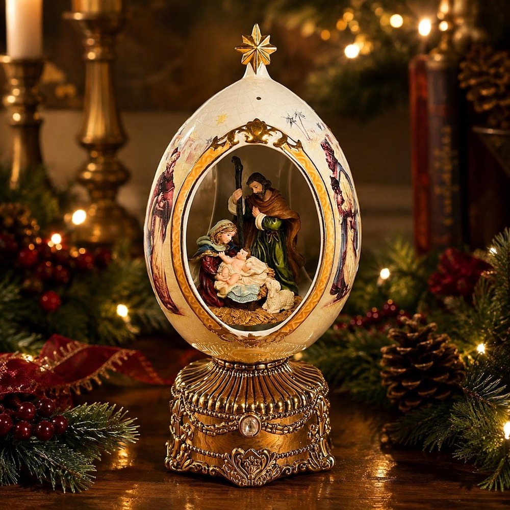 VTG 2003 Musical Nativity Egg Rotating Holy Family Christmas Away in a Manger